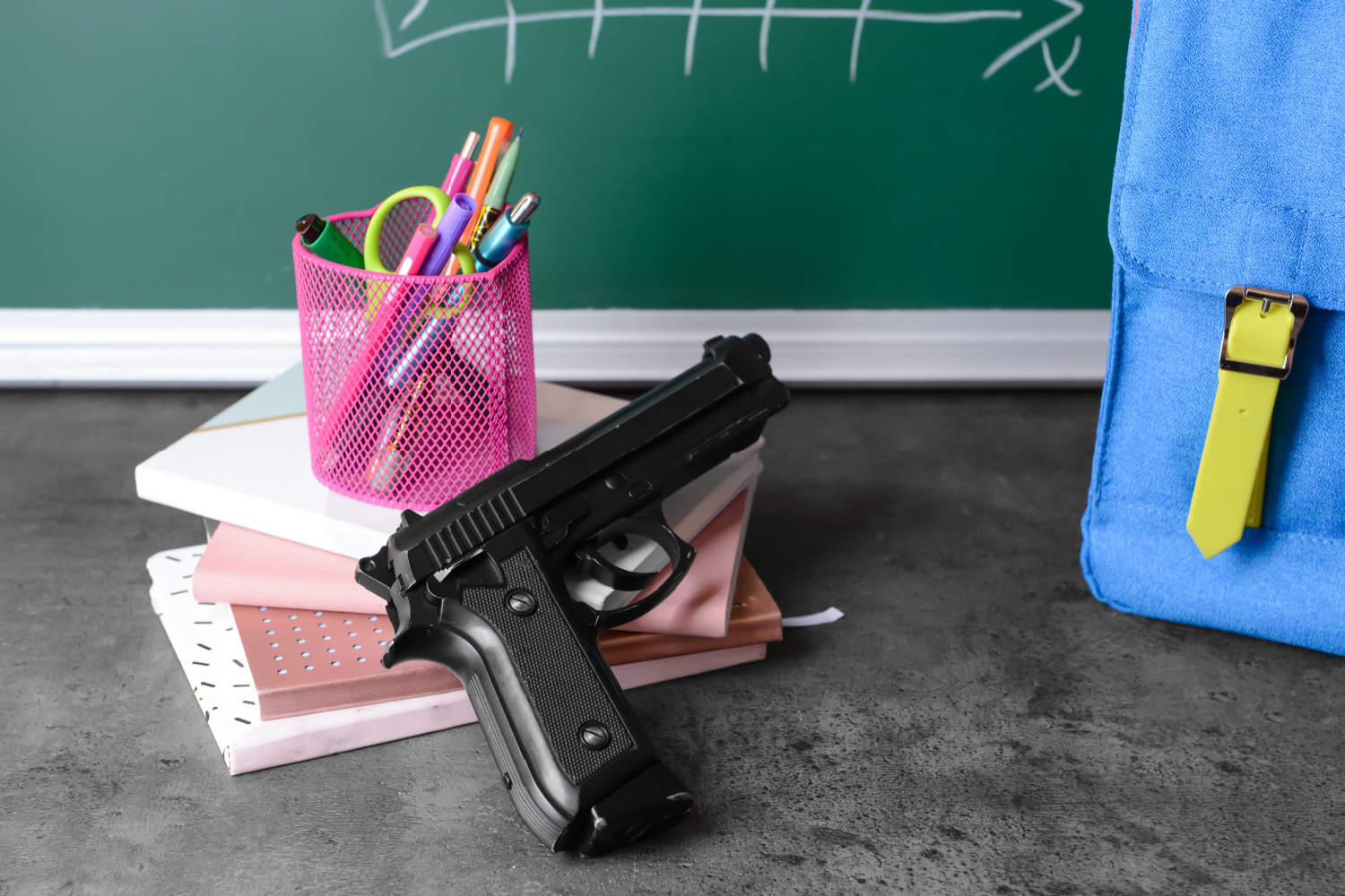 School items alongside a pistol